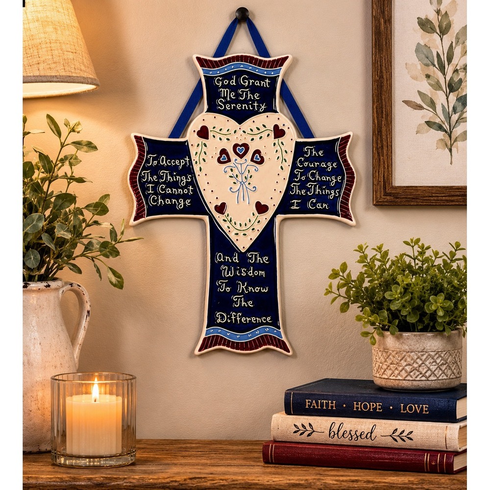 J Duban Designs Serenity Prayer Ceramic Wall Cross Blue Heart Folk Art 1988 10in